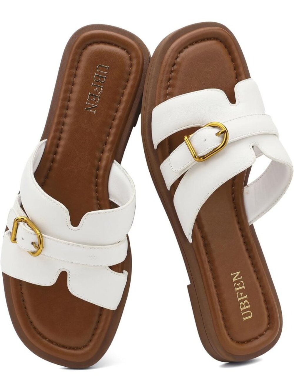 Women's All White Square Toe Flat Sandals Slides Dressy Comfortable for Casual